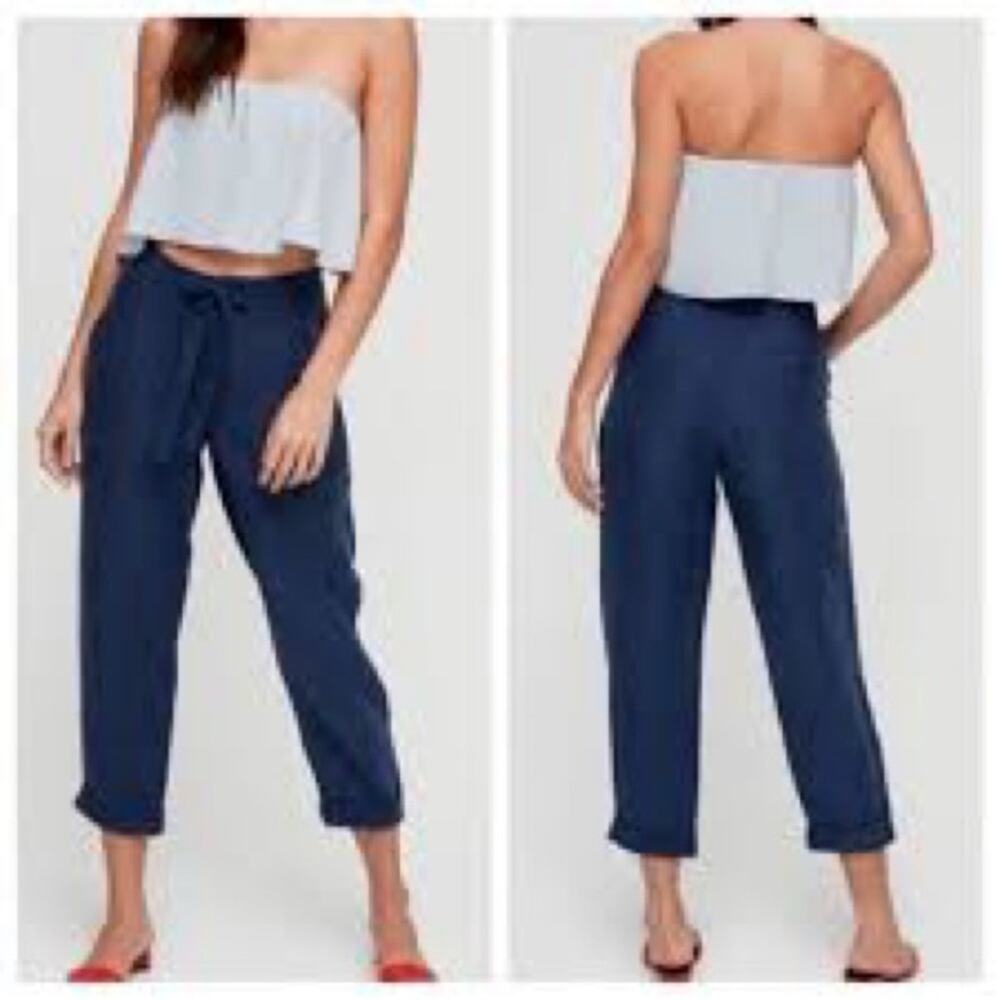 $148 Aritzia Wilfred 4 Linen Blend Button Fly Navy blue crop pants